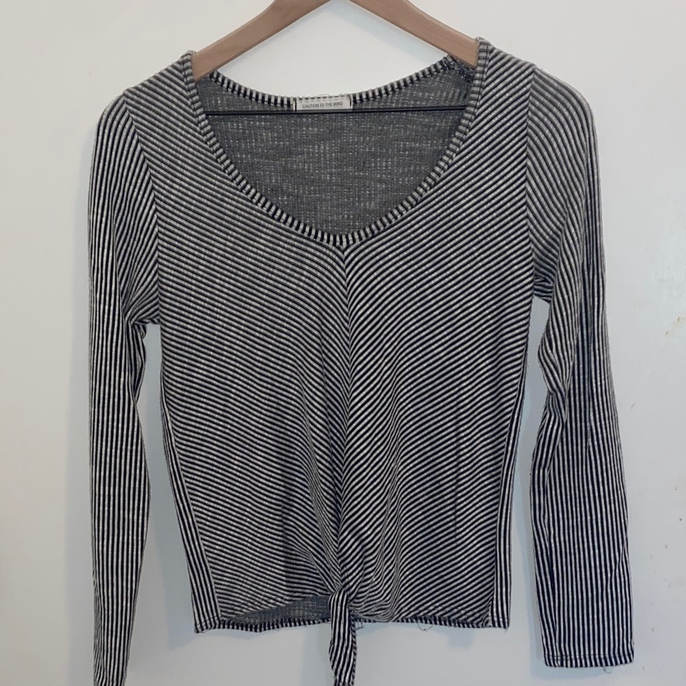 Caution To The Wind Black and White Striped Tie-Front Blouse